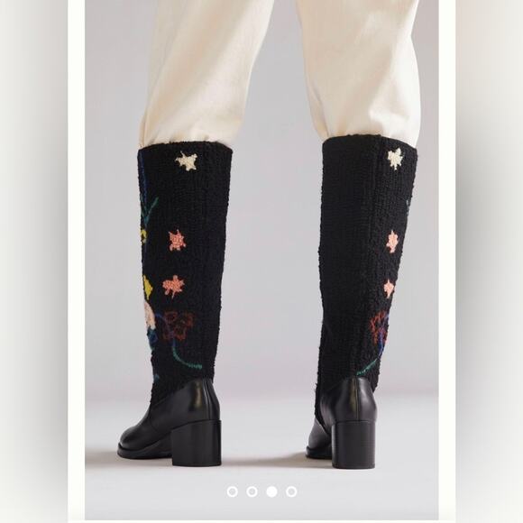 NWT Anthropologie Emily Isabella Black Leather Wool Flower Boots Size - Picture 7 of 15